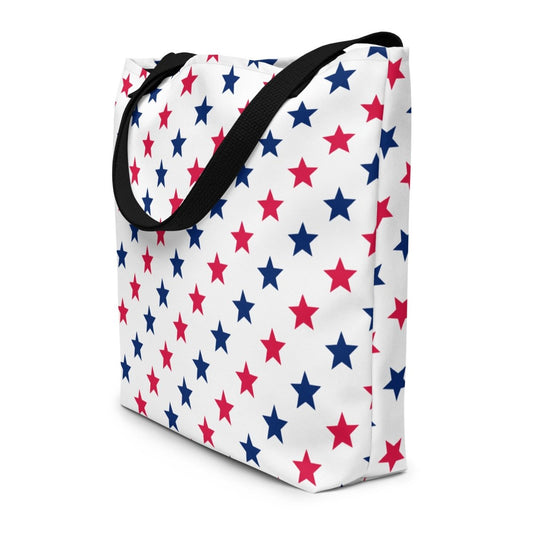 Large Exclusive Tote Bag w/ Pocket (all - over print) - Red Blue Stars 1 - Black - 