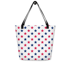 Large Exclusive Tote Bag w/ Pocket (all - over print) - Red Blue Stars 1 - Yellow - 