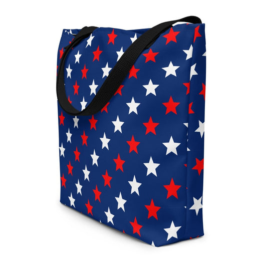 Large Exclusive Tote Bag w/ Pocket (all - over print) - Red White Blue Stars 1 - Black - 