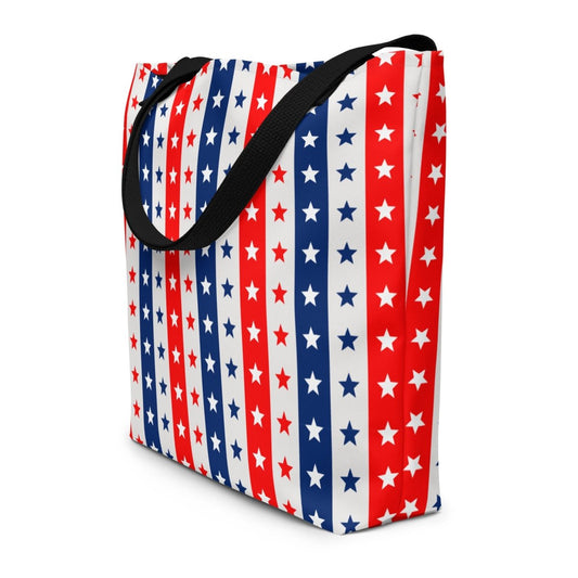 Large Exclusive Tote Bag w/ Pocket (all - over print) - Red White Blue Stars 2 - Black - 