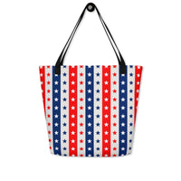 Large Exclusive Tote Bag w/ Pocket (all - over print) - Red White Blue Stars 2 - Yellow - 