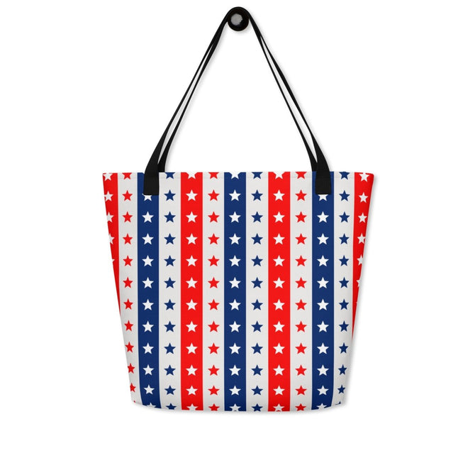 Large Exclusive Tote Bag w/ Pocket (all - over print) - Red White Blue Stars 2 - Yellow - 