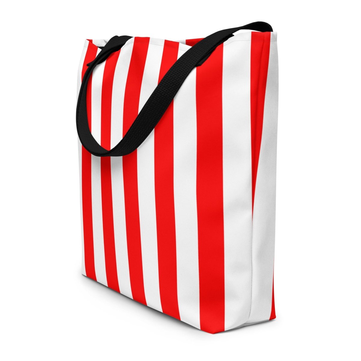 Large Exclusive Tote Bag w/ Pocket (all - over print) - Red White Stripes 1 - Black - 