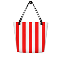 Large Exclusive Tote Bag w/ Pocket (all - over print) - Red White Stripes 1 - Yellow - 