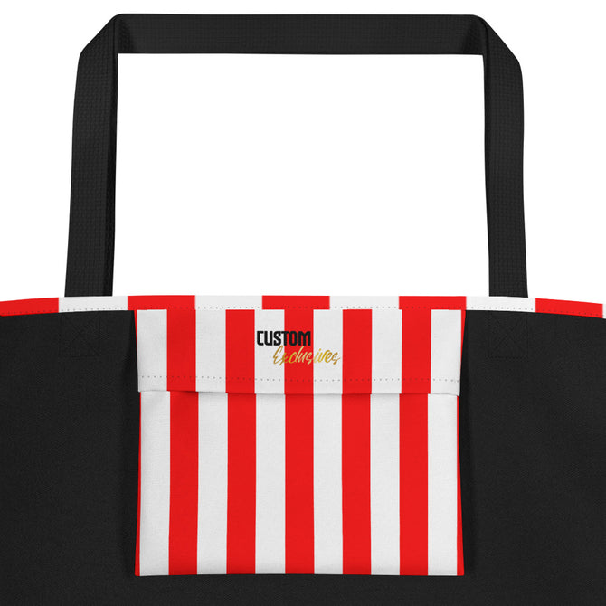 Large Exclusive Tote Bag w/ Pocket (all-over print) - Red White Stripes 1