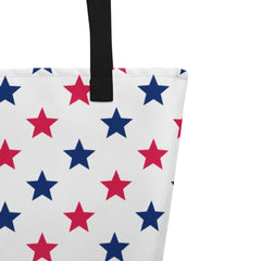 Large Exclusive Tote Bag w/ Pocket (all - over print) - Red Blue Stars 1 - Yellow - 