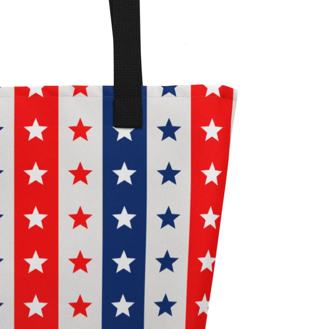 Large Exclusive Tote Bag w/ Pocket (all - over print) - Red White Blue Stars 2 - Yellow - 