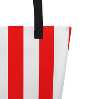 Large Exclusive Tote Bag w/ Pocket (all - over print) - Red White Stripes 1 - Yellow - 