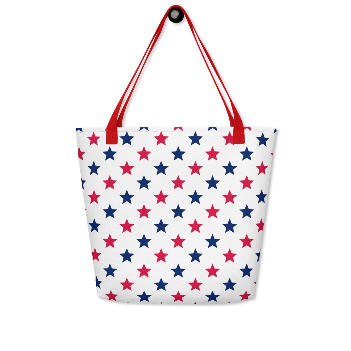 Large Exclusive Tote Bag w/ Pocket (all - over print) - Red Blue Stars 1 - Yellow - 