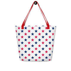Large Exclusive Tote Bag w/ Pocket (all - over print) - Red Blue Stars 1 - Yellow - 
