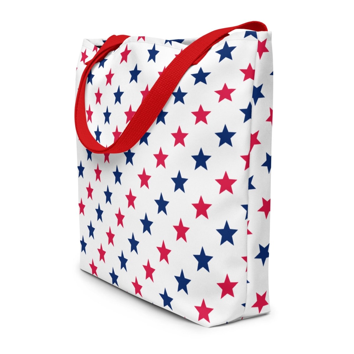 Large Exclusive Tote Bag w/ Pocket (all - over print) - Red Blue Stars 1 - Red - 