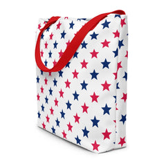 Large Exclusive Tote Bag w/ Pocket (all - over print) - Red Blue Stars 1 - Red - 