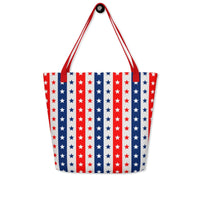 Large Exclusive Tote Bag w/ Pocket (all - over print) - Red White Blue Stars 2 - Yellow - 