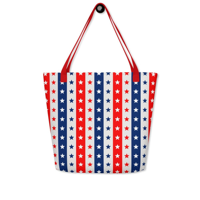 Large Exclusive Tote Bag w/ Pocket (all - over print) - Red White Blue Stars 2 - Yellow - 