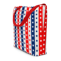 Large Exclusive Tote Bag w/ Pocket (all - over print) - Red White Blue Stars 2 - Red - 