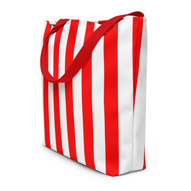 Large Exclusive Tote Bag w/ Pocket (all - over print) - Red White Stripes 1 - Red - 