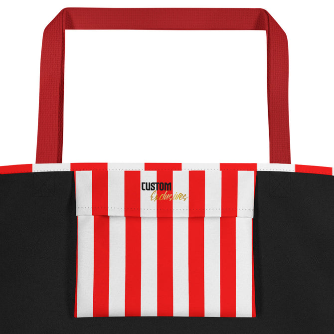 Large Exclusive Tote Bag w/ Pocket (all-over print) - Red White Stripes 1