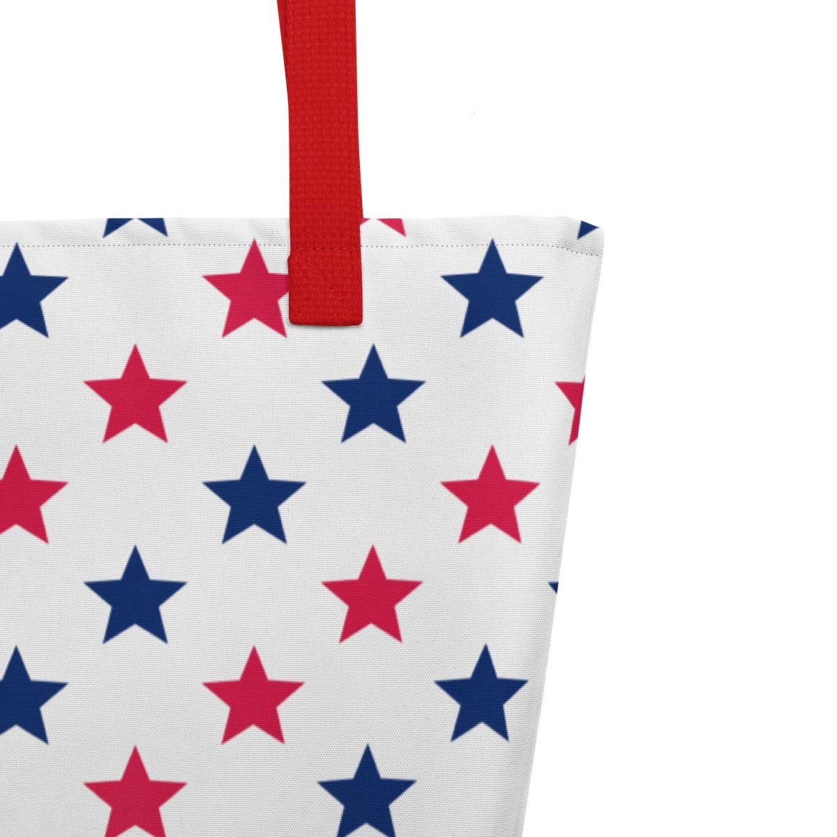 Large Exclusive Tote Bag w/ Pocket (all - over print) - Red Blue Stars 1 - Yellow - 