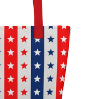 Large Exclusive Tote Bag w/ Pocket (all - over print) - Red White Blue Stars 2 - Yellow - 