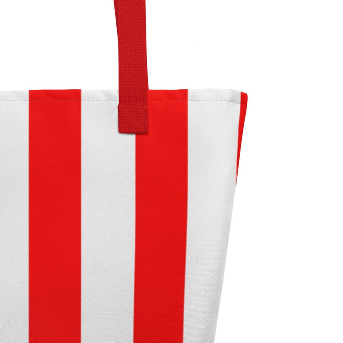 Large Exclusive Tote Bag w/ Pocket (all - over print) - Red White Stripes 1 - Yellow - 