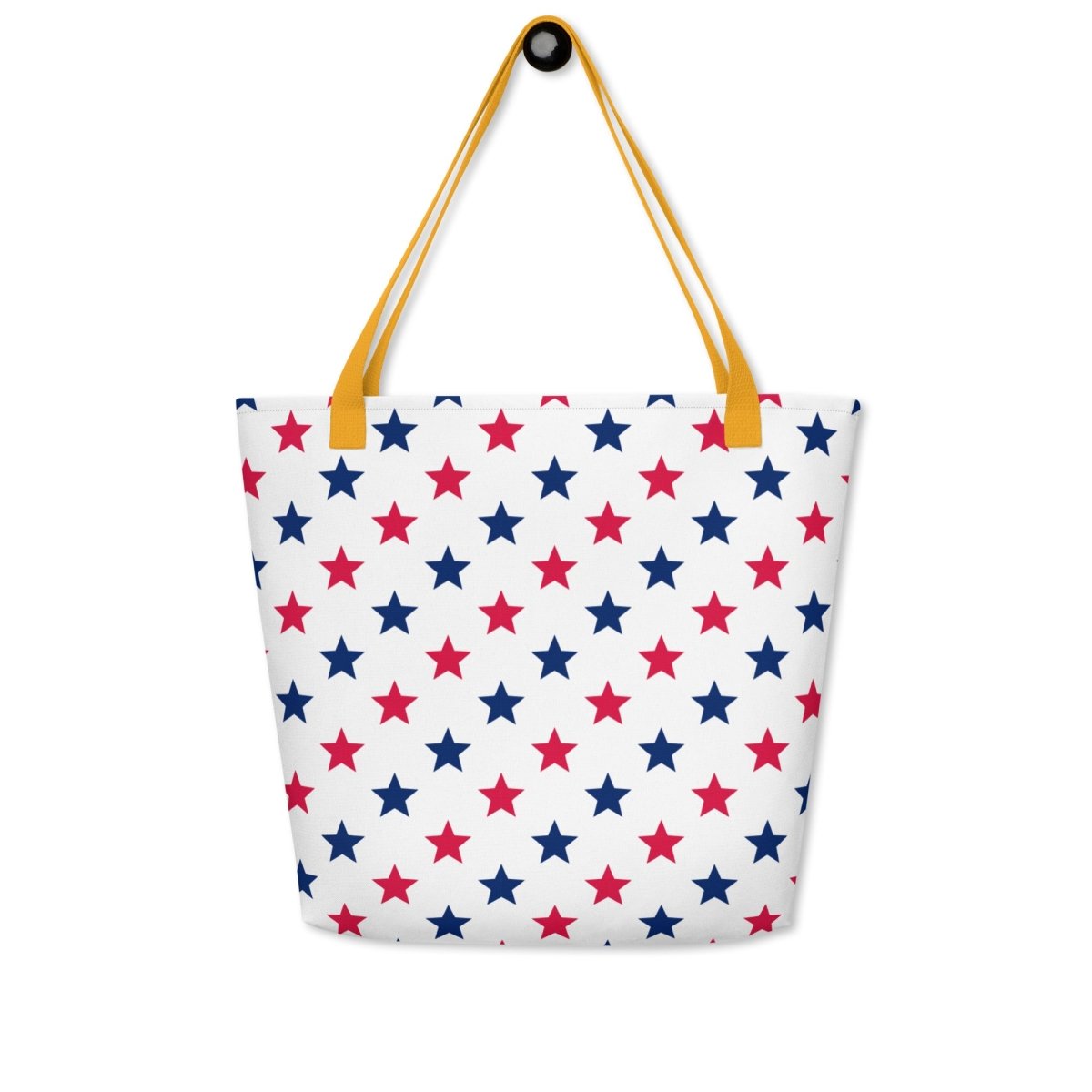 Large Exclusive Tote Bag w/ Pocket (all - over print) - Red Blue Stars 1 - Yellow - 