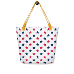 Large Exclusive Tote Bag w/ Pocket (all - over print) - Red Blue Stars 1 - Yellow - 