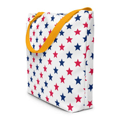 Large Exclusive Tote Bag w/ Pocket (all - over print) - Red Blue Stars 1 - Yellow - 