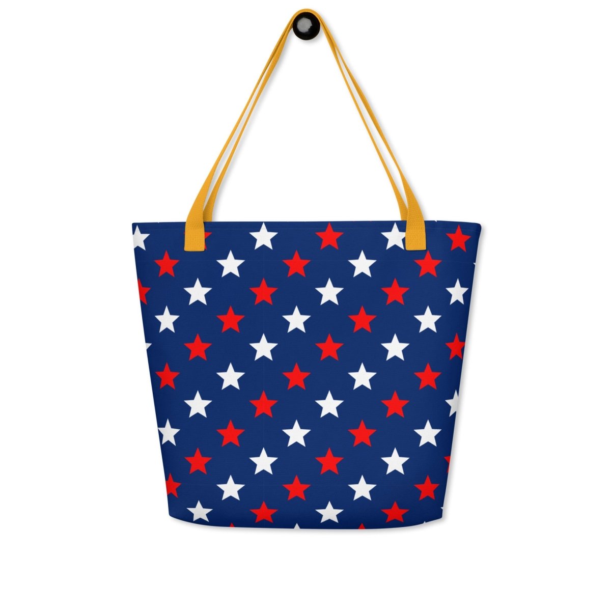 Large Exclusive Tote Bag w/ Pocket (all - over print) - Red White Blue Stars 1 - Yellow - 