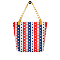 Large Exclusive Tote Bag w/ Pocket (all - over print) - Red White Blue Stars 2 - Yellow - 