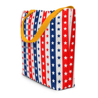 Large Exclusive Tote Bag w/ Pocket (all - over print) - Red White Blue Stars 2 - Yellow - 