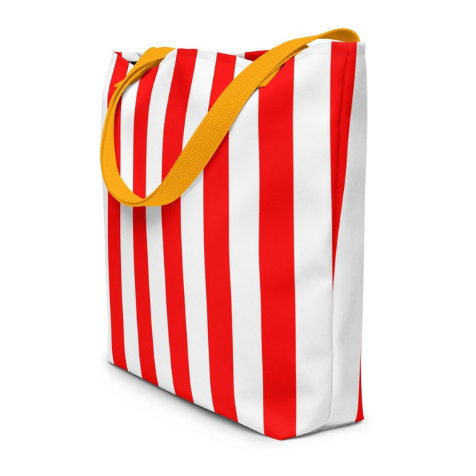 Large Exclusive Tote Bag w/ Pocket (all - over print) - Red White Stripes 1 - Yellow - 