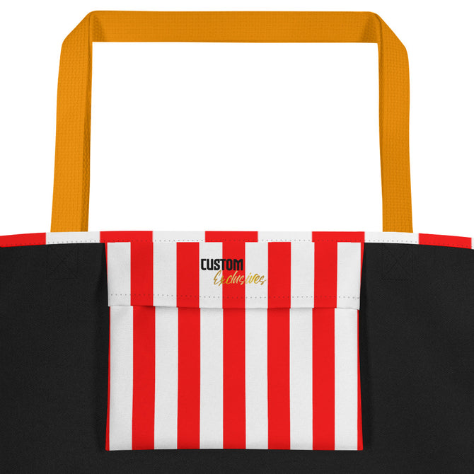 Large Exclusive Tote Bag w/ Pocket (all-over print) - Red White Stripes 1