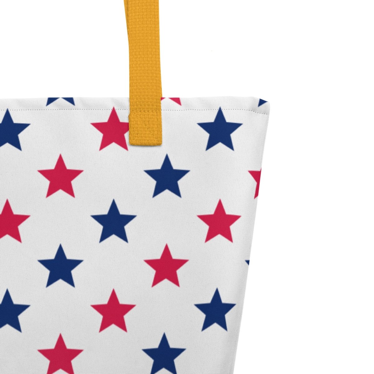 Large Exclusive Tote Bag w/ Pocket (all - over print) - Red Blue Stars 1 - Yellow - 