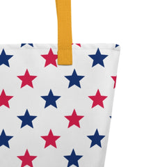 Large Exclusive Tote Bag w/ Pocket (all - over print) - Red Blue Stars 1 - Yellow - 