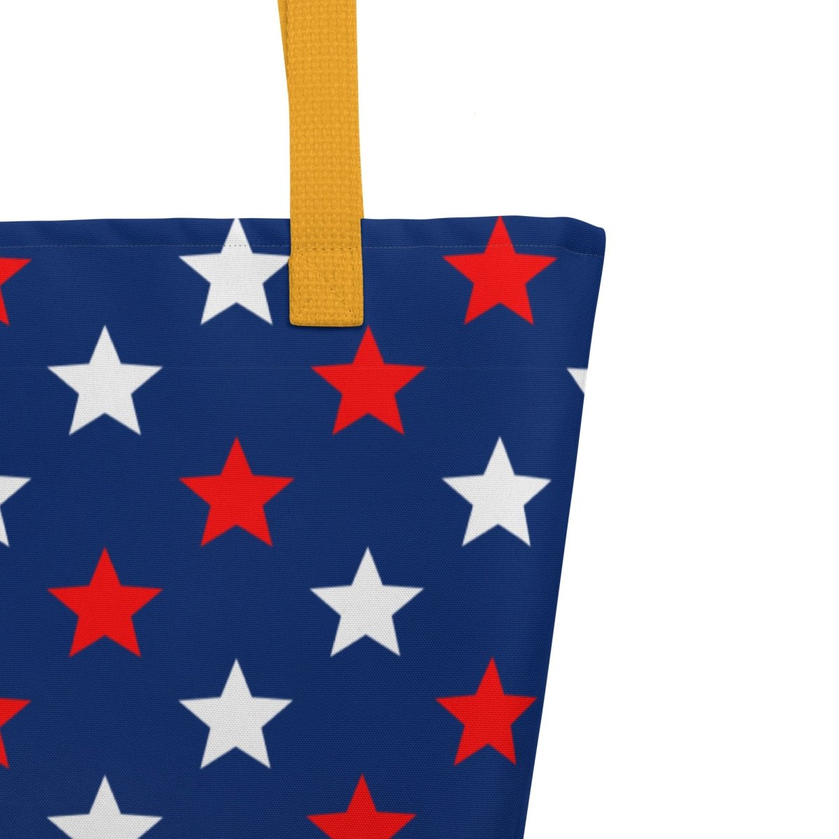 Large Exclusive Tote Bag w/ Pocket (all - over print) - Red White Blue Stars 1 - Yellow - 