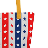 Large Exclusive Tote Bag w/ Pocket (all - over print) - Red White Blue Stars 2 - Yellow - 