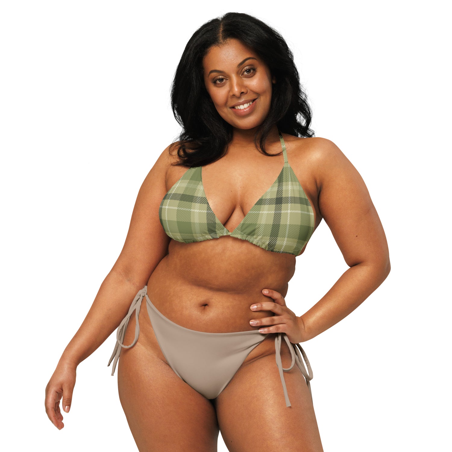 Women's Padded String Bikini Top - Green Green Plaid