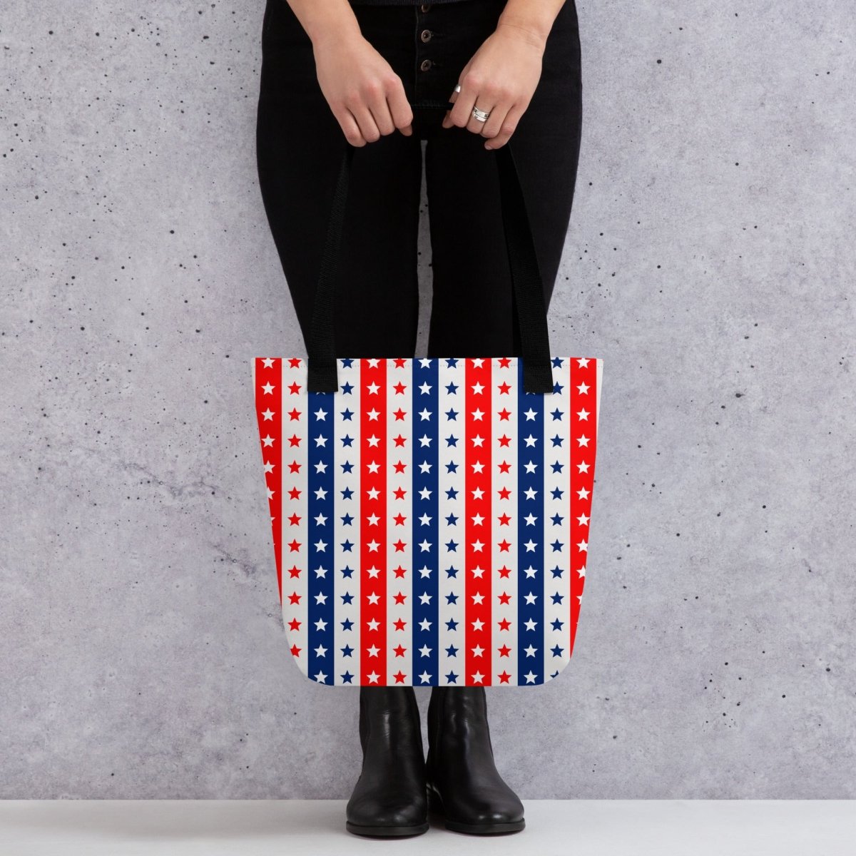Exclusive Tote Bag (all - over print) - Red White Blue Stars 2 - Black - 
