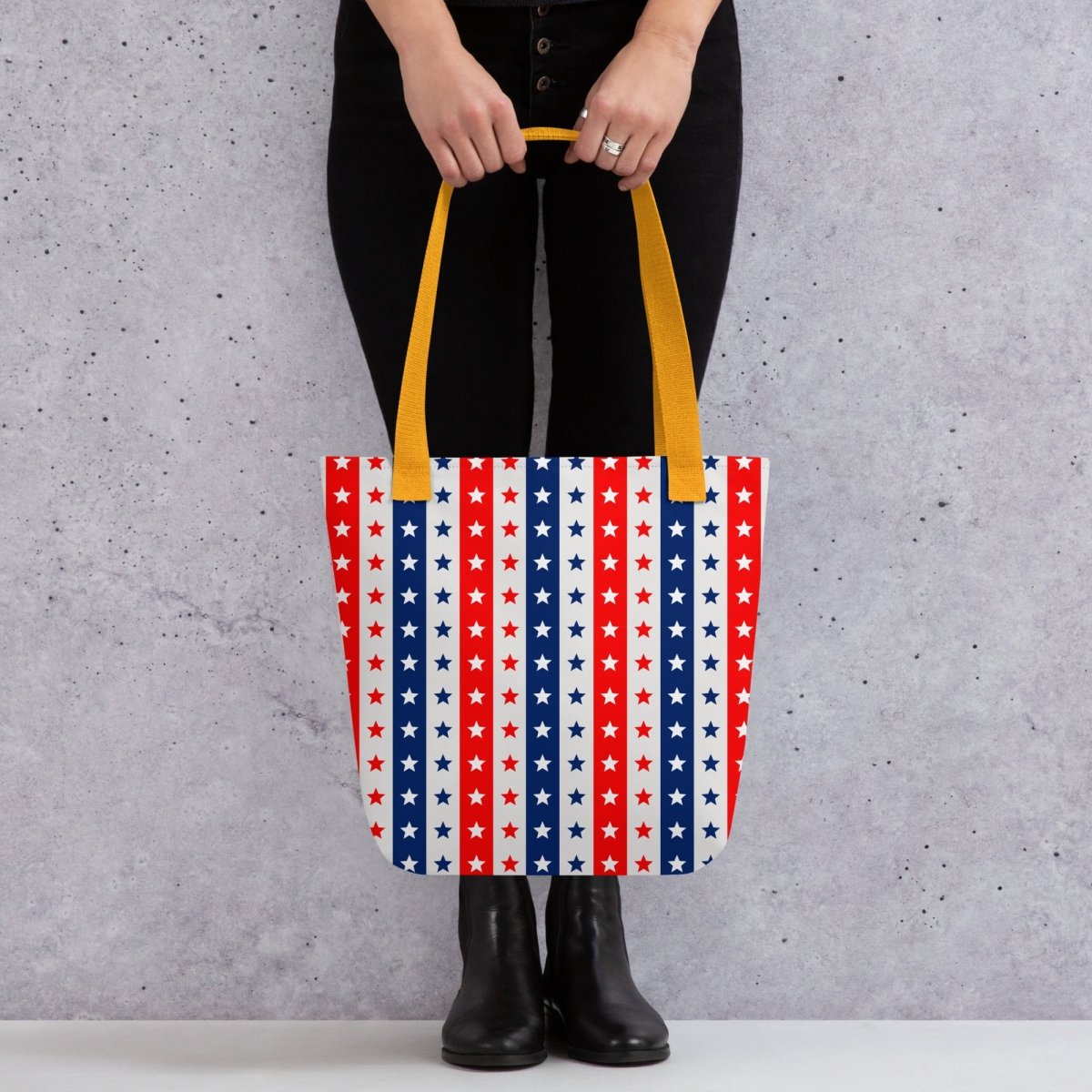 Exclusive Tote Bag (all - over print) - Red White Blue Stars 2 - Yellow - 