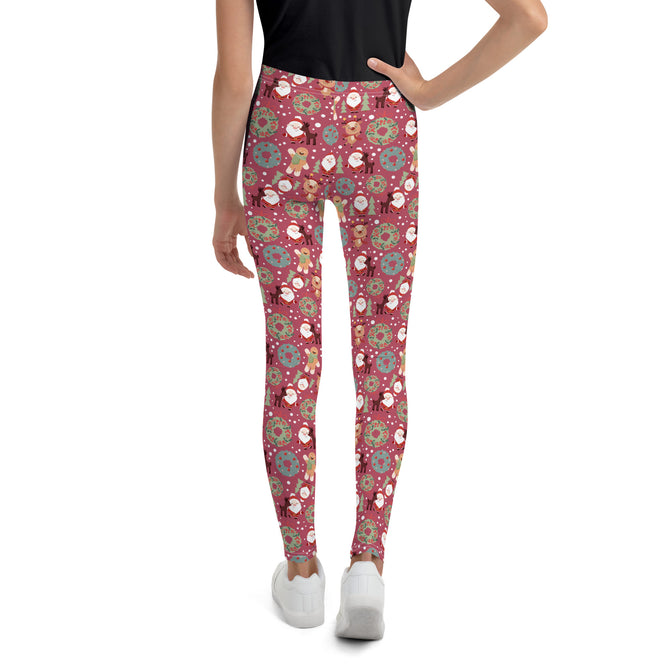 Youth Girl's Exclusive Leggings - Christmas Pattern - Santa Reindeer Gingerbread Man on Maroon