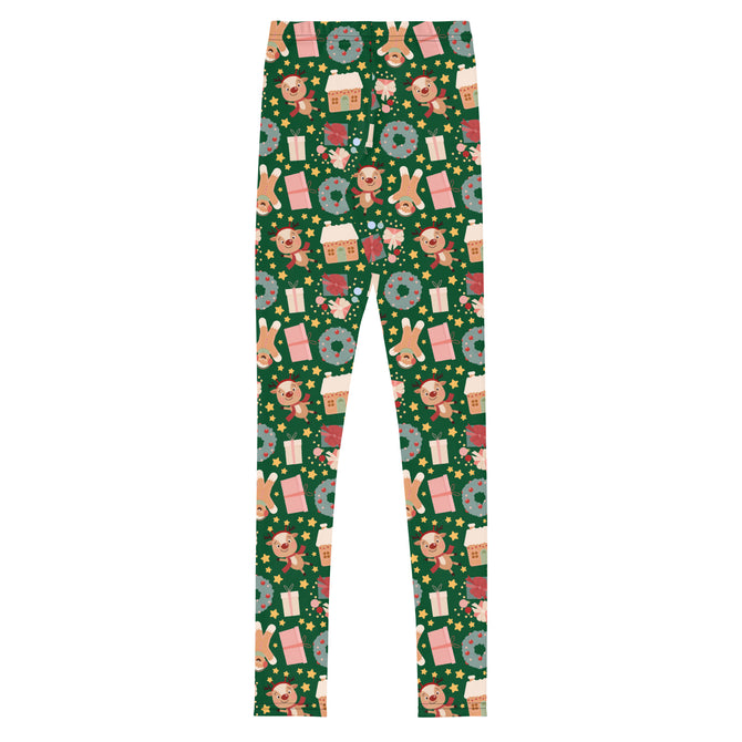 Youth Girl's Exclusive Leggings - Christmas Pattern - Gingerbread on Green