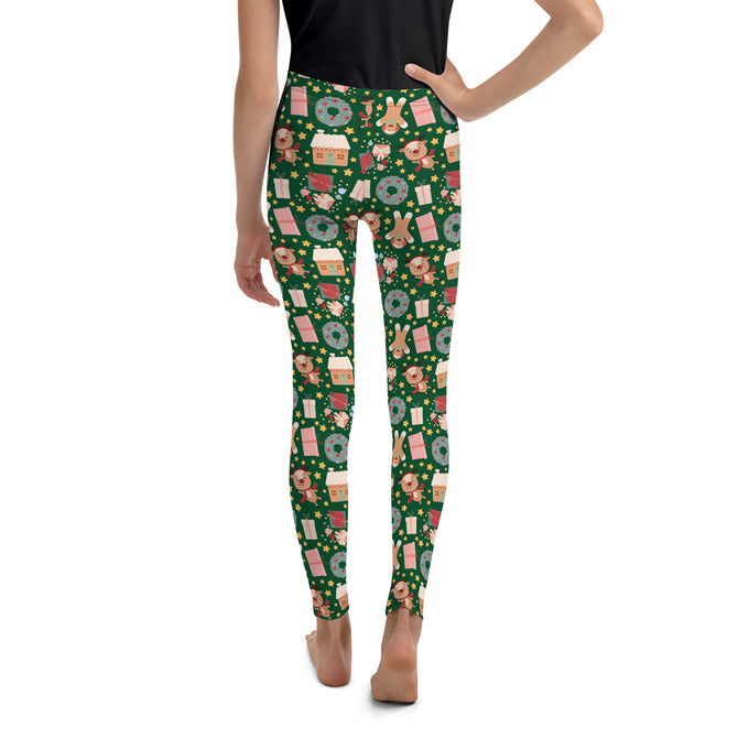 Youth Girl's Exclusive Leggings - Christmas Pattern - Gingerbread on Green