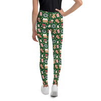 Youth Girl's Exclusive Leggings - Christmas Pattern - Gingerbread on Green