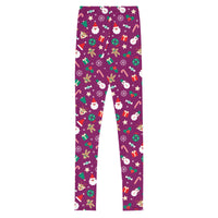 Youth Girl's Exclusive Leggings - Christmas Pattern - Santa Reindeer Snowman on Purple