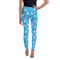 Youth Girl's Exclusive Leggings - Christmas Pattern - Snowman on Blue