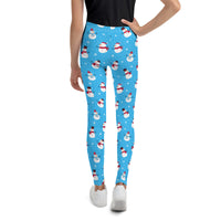 Youth Girl's Exclusive Leggings - Christmas Pattern - Snowman on Blue