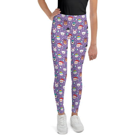 Youth Girl's Exclusive Leggings - Christmas Pattern - Santa Reindeer Penguin on Purple