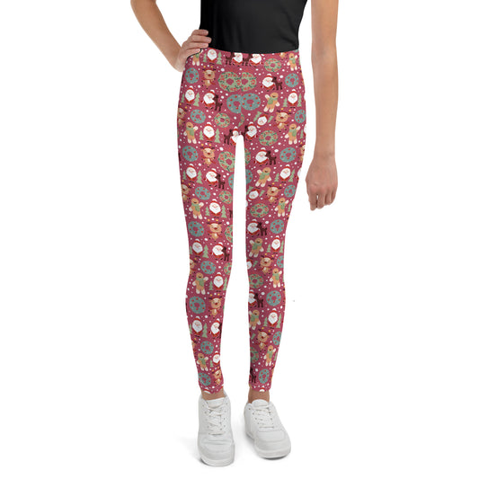 Youth Girl's Exclusive Leggings - Christmas Pattern - Santa Reindeer Gingerbread Man on Maroon