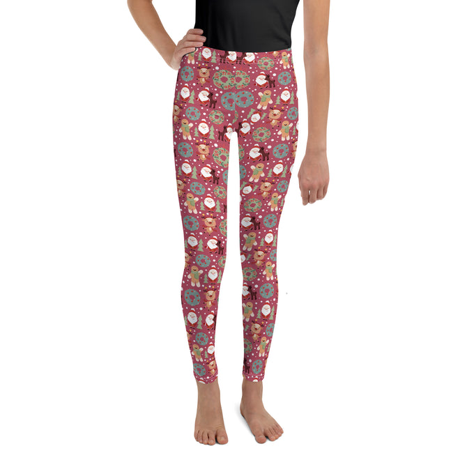 Youth Girl's Exclusive Leggings - Christmas Pattern - Santa Reindeer Gingerbread Man on Maroon