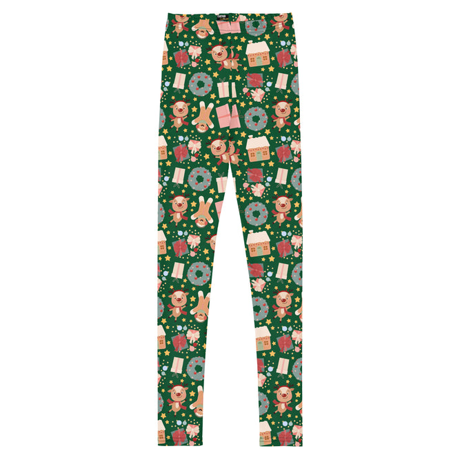 Youth Girl's Exclusive Leggings - Christmas Pattern - Gingerbread on Green